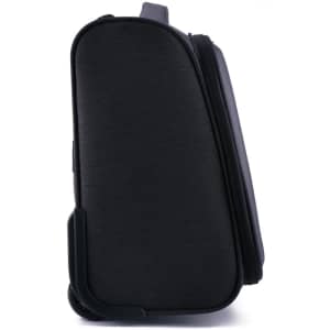 A black wheeled underseat luggage bag with a sleek design and a side view showcasing its compact shape.