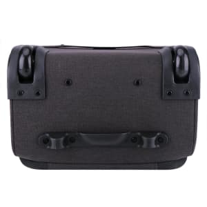 A wheeled underseat luggage in dark grey fabric with black accents and sturdy wheels.