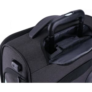 A wheeled underseat luggage bag in grey with a telescopic handle and exterior branding.