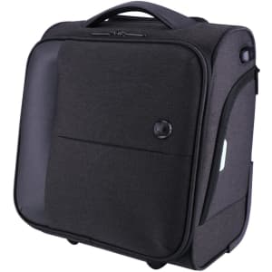 A wheeled underseat luggage in dark grey fabric with a handle and wheels, featuring a branded logo.