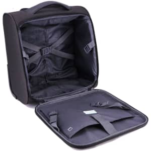 An underseat luggage bag in black, featuring a spacious open interior with straps and pockets for organisation.