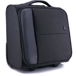 A wheeled underseat luggage bag in black fabric with a smooth side panel and a handle on top.