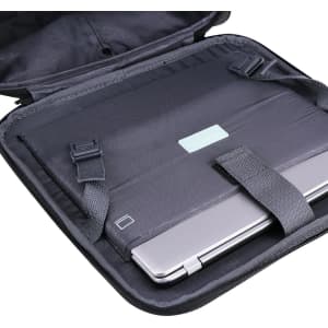 A sleek black wheeled bag with a padded compartment and adjustable straps for securing a laptop inside.