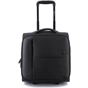 A sleek black underseat luggage bag with a retractable handle and wheels, featuring a front pocket and branding.