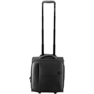 A wheeled underseat luggage in black with a retractable handle and front pocket, featuring branding on the side.