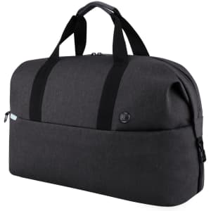 A dark grey duffle bag with black straps, featuring a logo and a zippered closure.