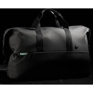 A black duffle bag with dual handles and a logo, featuring a sleek design and spacious interior.