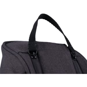 A grey toiletry bag with a black handle, featuring a zipped opening and a logo.