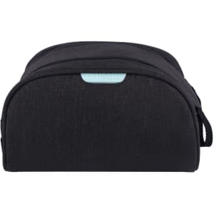 A black toiletry bag with a rounded shape, featuring a small handle and a logo on the front.