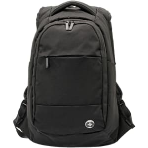 A black backpack with multiple compartments, zippers, and a logo on the front. Features adjustable straps.