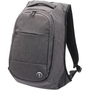 A grey anti-theft backpack featuring multiple compartments and a logo on the front.