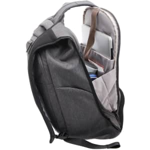 A grey anti-theft backpack with compartments for a laptop, drink bottle, and other items. It has a sleek, modern design.