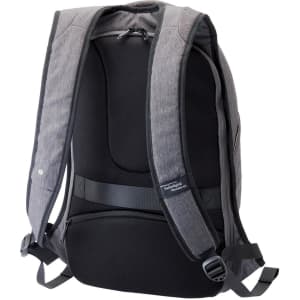 A grey backpack with padded straps and a textured back. It features a logo and anti-theft design.