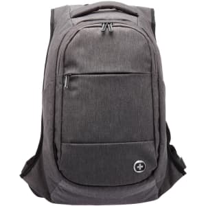 A grey anti-theft backpack featuring multiple zippered compartments and a logo on the front.