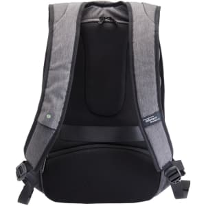 A grey anti-theft backpack with padded straps and a sleek design. It features a logo on the front.