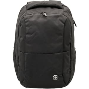 A black backpack with multiple compartments and a logo, designed for everyday use.