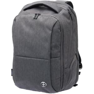 A grey Swissdigital Commander Backpack featuring multiple zippered compartments and a logo.