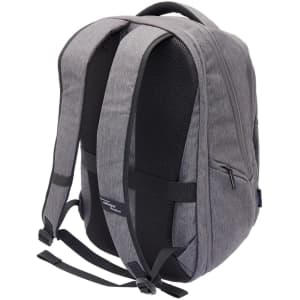 A grey backpack with padded straps and mesh panels, featuring a zippered side pocket and a logo.