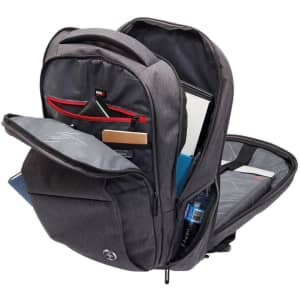 A grey backpack with multiple compartments, including sections for a laptop, notebooks, and a drink bottle.