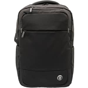 A black backpack with multiple compartments and a logo on the front. It has padded shoulder straps.