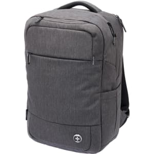 A grey backpack with multiple compartments and a logo, designed for carrying laptops.