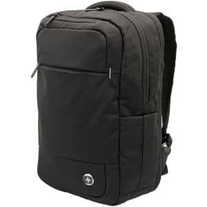 A black laptop backpack with a front pocket and side compartments, featuring a logo on the front.