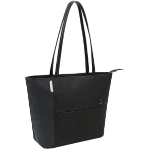 A black tote bag with long handles features a textured design and a front pocket, along with a logo.