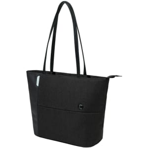 A black tote bag with a sleek design, featuring a logo and comfortable shoulder straps.