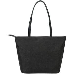 A dark grey tote bag with two handles and a zip closure, featuring a branded logo.
