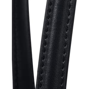 Close-up of a black, textured strap from a tote bag, featuring detailed stitching. The bag has a logo on it.