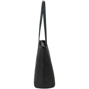 A side view of a grey Swissdigital Arosa Tote Bag, featuring a minimalist design and a single shoulder strap.