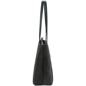 A sleek black tote bag with long handles, featuring a modern design and a subtle logo.