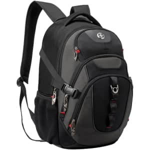 A black Swissdigital Vector Backpack featuring multiple compartments and a logo, designed for carrying laptops.