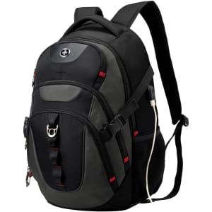 A black and grey backpack with red accents and a logo, featuring multiple compartments and a side pocket.