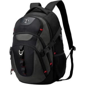 A black and grey Swissdigital Vector Backpack with red accents, featuring a logo on the front.
