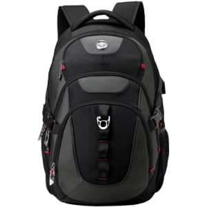 A black and grey Swissdigital Vector Backpack with several compartments and a logo on the front.