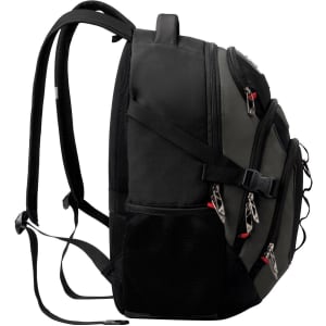 A black and grey Swissdigital Vector Backpack with multiple zip compartments and adjustable straps.