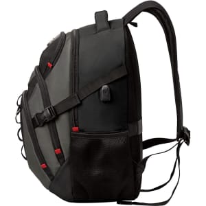 A laptop backpack in grey and black with multiple compartments and adjustable straps. Features a side pocket and logo.