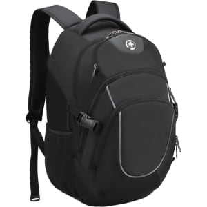 A black backpack featuring multiple compartments and a logo, designed for practicality and style.