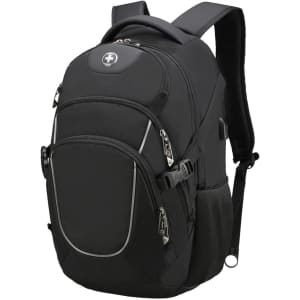 A black Swissdigital Stealth Vector Backpack featuring multiple compartments and zippers, with a side mesh pocket and logo.