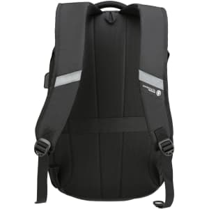 A sleek black backpack with padded straps and a textured back for comfort, featuring a logo on the side.