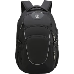 A black backpack featuring multiple compartments, zippers, and a logo on the front.