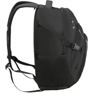 A black Swissdigital Stealth Vector Backpack with adjustable straps and multiple compartments, featuring a mesh side pocket.