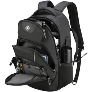 A black Swissdigital Stealth Vector Backpack with multiple compartments and a drink bottle holder. Features a logo.