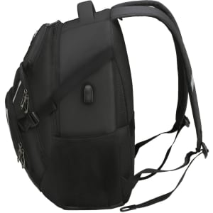 A black backpack with multiple compartments, featuring padded straps and a textured surface. It has a logo on the side.