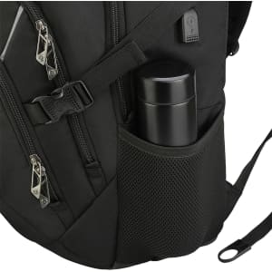 A black backpack featuring multiple zippered compartments and a side mesh pocket with a black drink bottle.