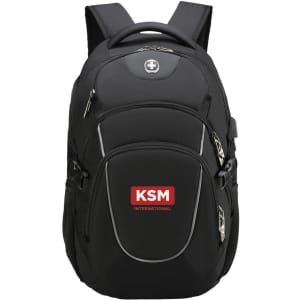 A black backpack with multiple compartments, featuring a logo and padded straps for comfort.