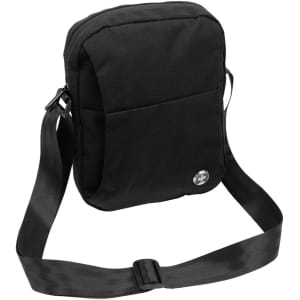 A black shoulder bag with a single adjustable strap and a front pocket. It features a logo on the front.