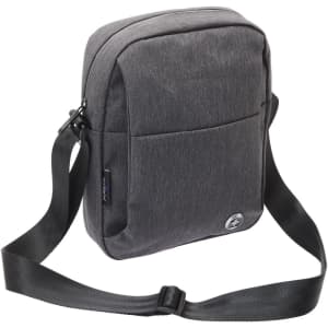 A grey shoulder bag with a sleek design, featuring an adjustable strap and a front pocket. It has a logo on the side.