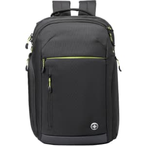 A black Swissdigital Java backpack featuring multiple zippered compartments and a branding logo.